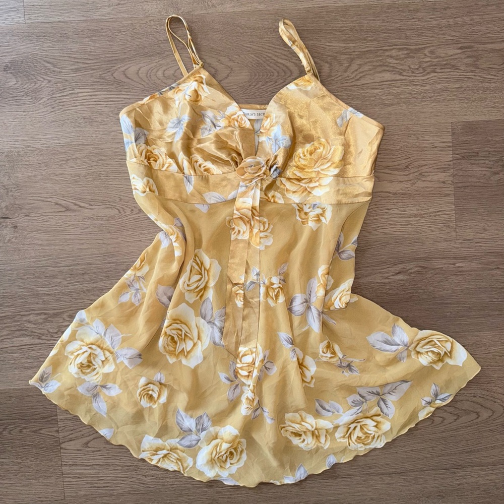 Rare Victoria’s Secret Vintage 90s Golden Yellow Floral Chiffon Babydoll Dress M